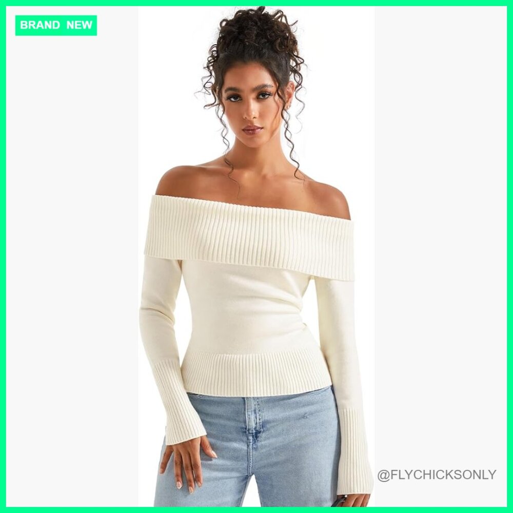Off Shoulder Ribbed Knit Sweater Pullover Long Sl… - image 1